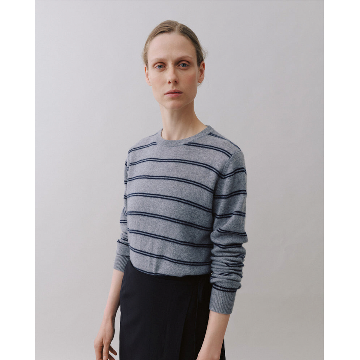 Noa O-neck Stripe - Grey Melange/Navy